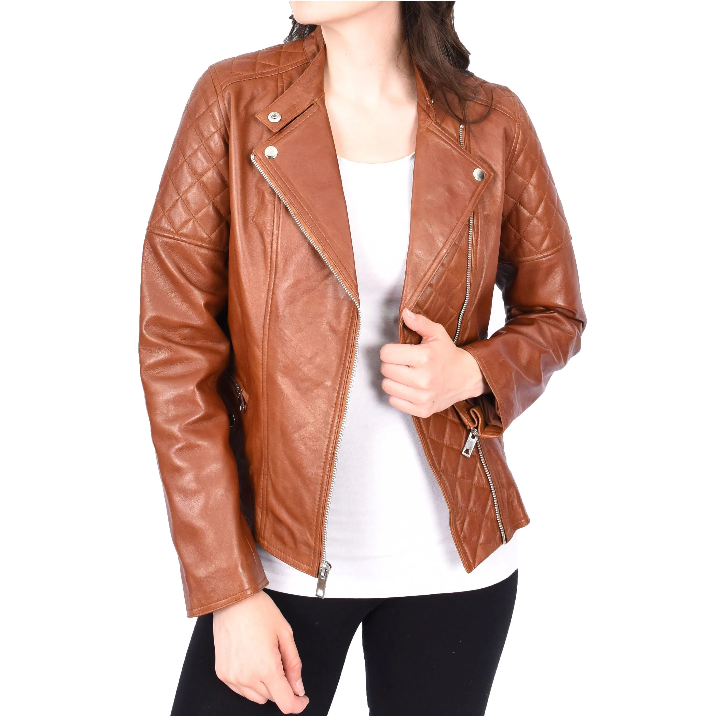 Chestnut Leather Biker Jacket for Women Asymmetrical Zip Diamond Quilted Trendy Style Lila