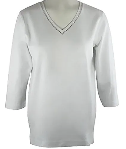 Christine Alexander 3/4 Slv, V-Neck Top With Swarovski Crystals - Crystal Lines