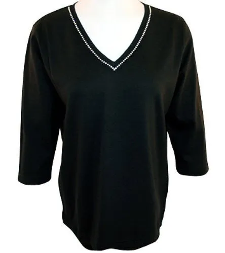 Christine Alexander - Crystal Lines, 3/4 Sleeve Black Top Swarovski Crystals