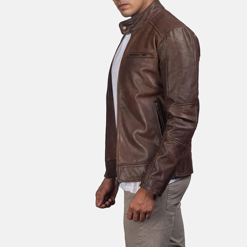 Classic Brown Cowhide Leather Biker Jacket with Quilted Lining