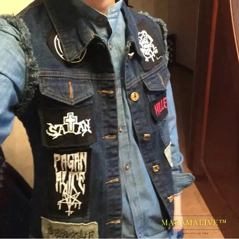 Classic Vintage Men's Jeans Vest Sleeveless Jackets Fashion Patch Designs Punk Rock Style Ripped Cowboy Frayed Denim Vest Tanks