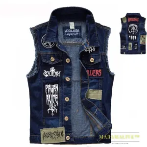 Classic Vintage Men's Jeans Vest Sleeveless Jackets Fashion Patch Designs Punk Rock Style Ripped Cowboy Frayed Denim Vest Tanks