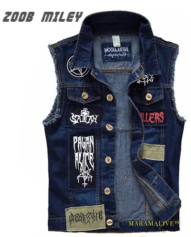 Classic Vintage Men's Jeans Vest Sleeveless Jackets Fashion Patch Designs Punk Rock Style Ripped Cowboy Frayed Denim Vest Tanks