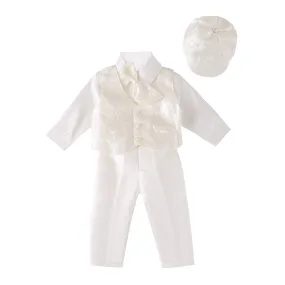 CN033 - Infant Baby Boy Christening Baptism Outfit Ivory Vest Suit 5 Pieces Set with Bonnet Hat