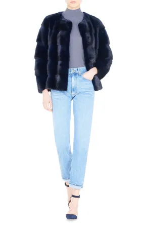 Colour-Blocked Mink Fur Bomber Jacket