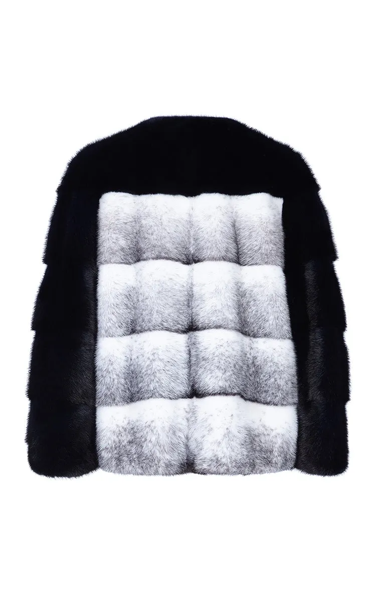 Colour-Blocked Mink Fur Bomber Jacket