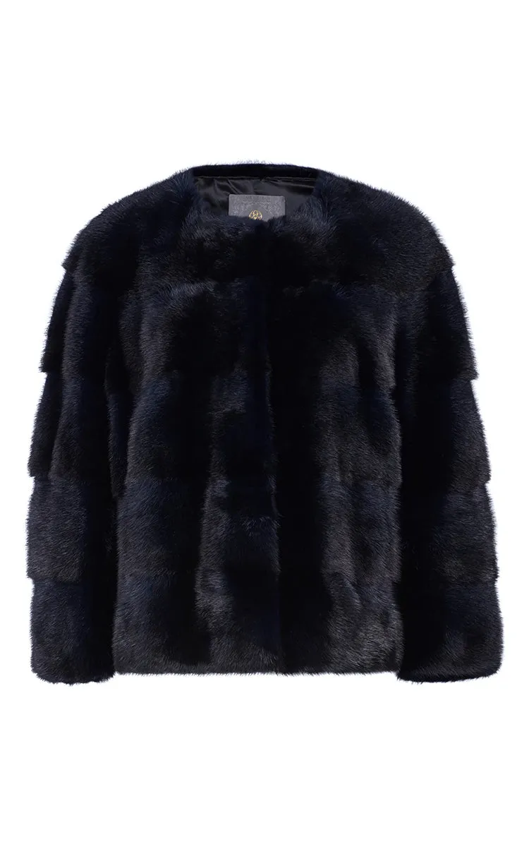 Colour-Blocked Mink Fur Bomber Jacket