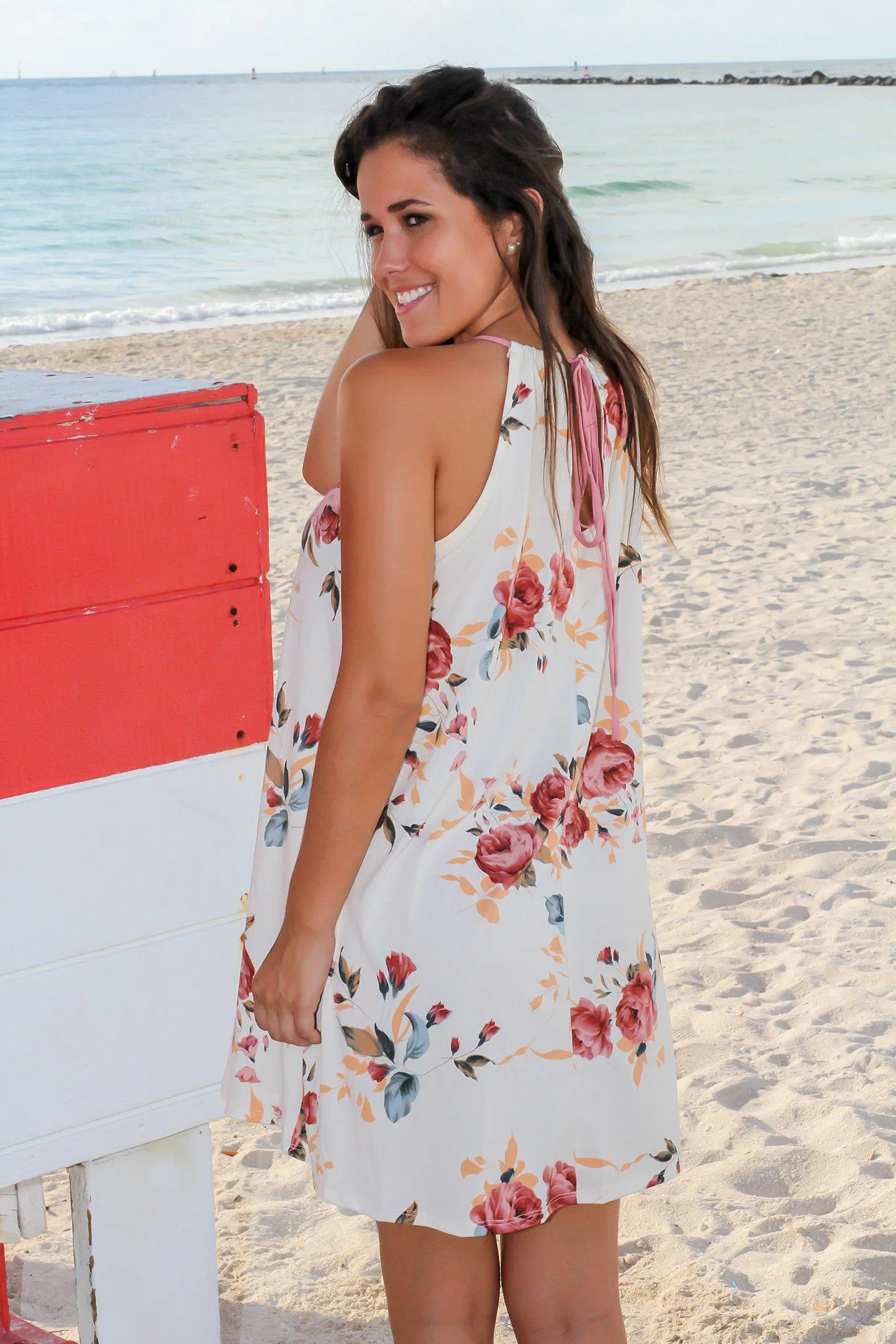 Cream Floral Short Dress with Strappy Neck