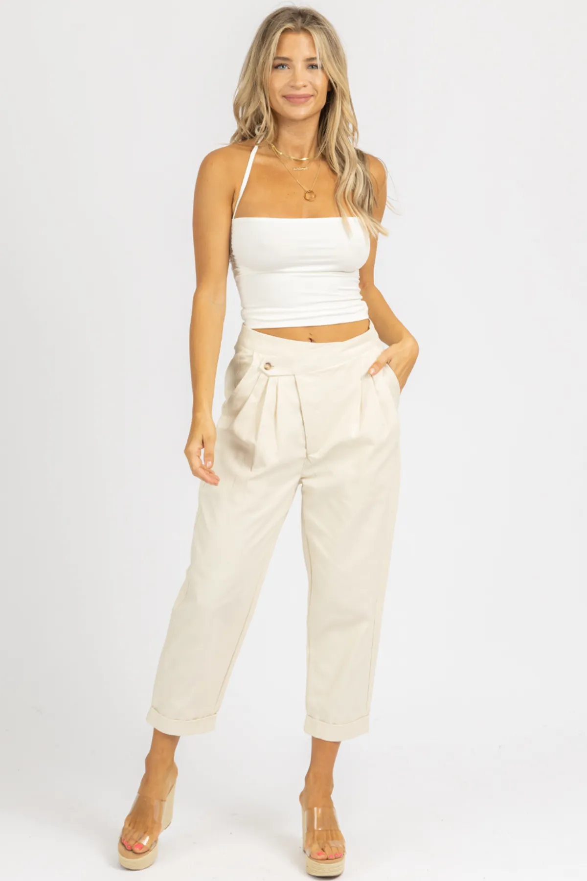 CREAM WOVEN ASYMMETRICAL BUTTON PANTS