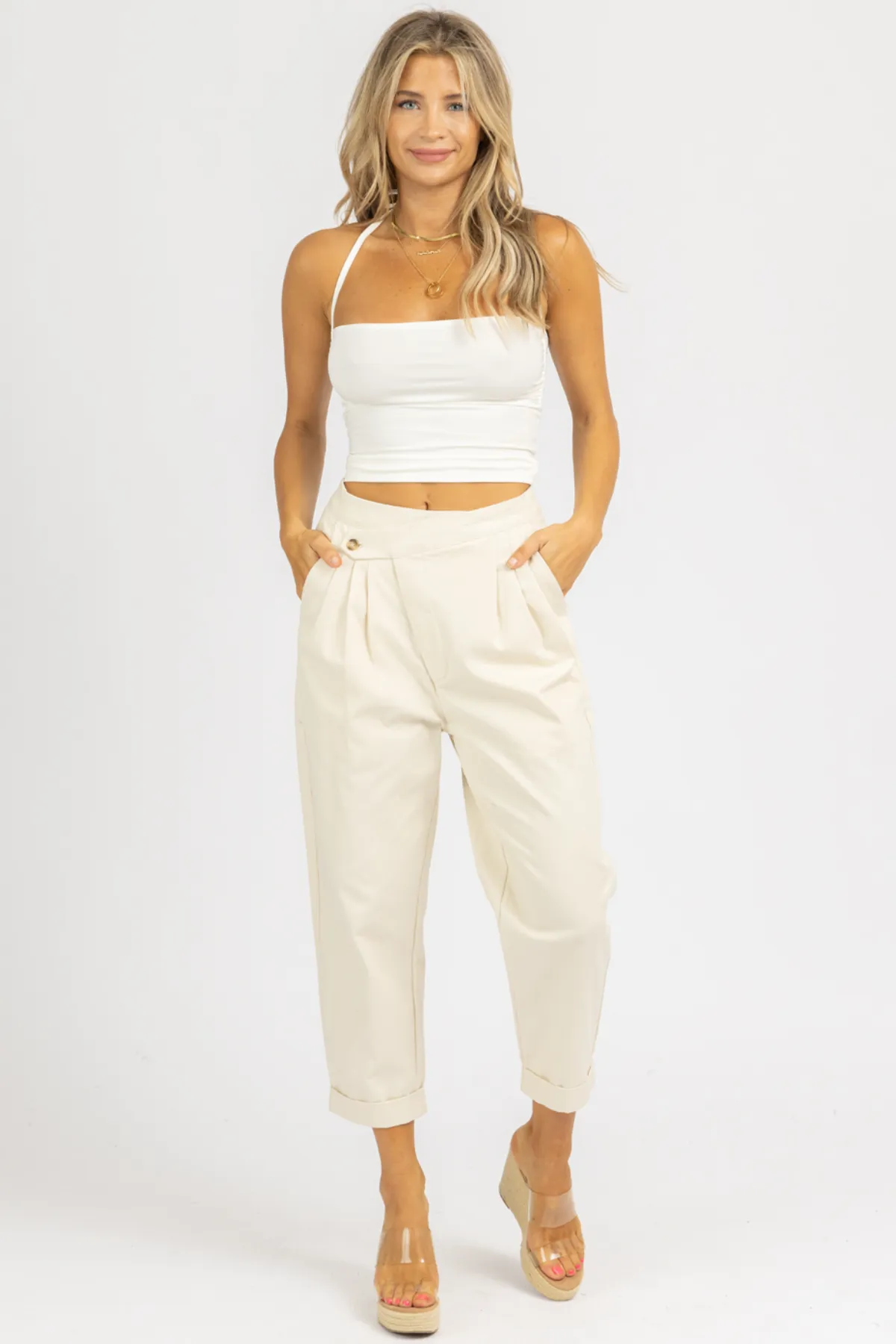 CREAM WOVEN ASYMMETRICAL BUTTON PANTS