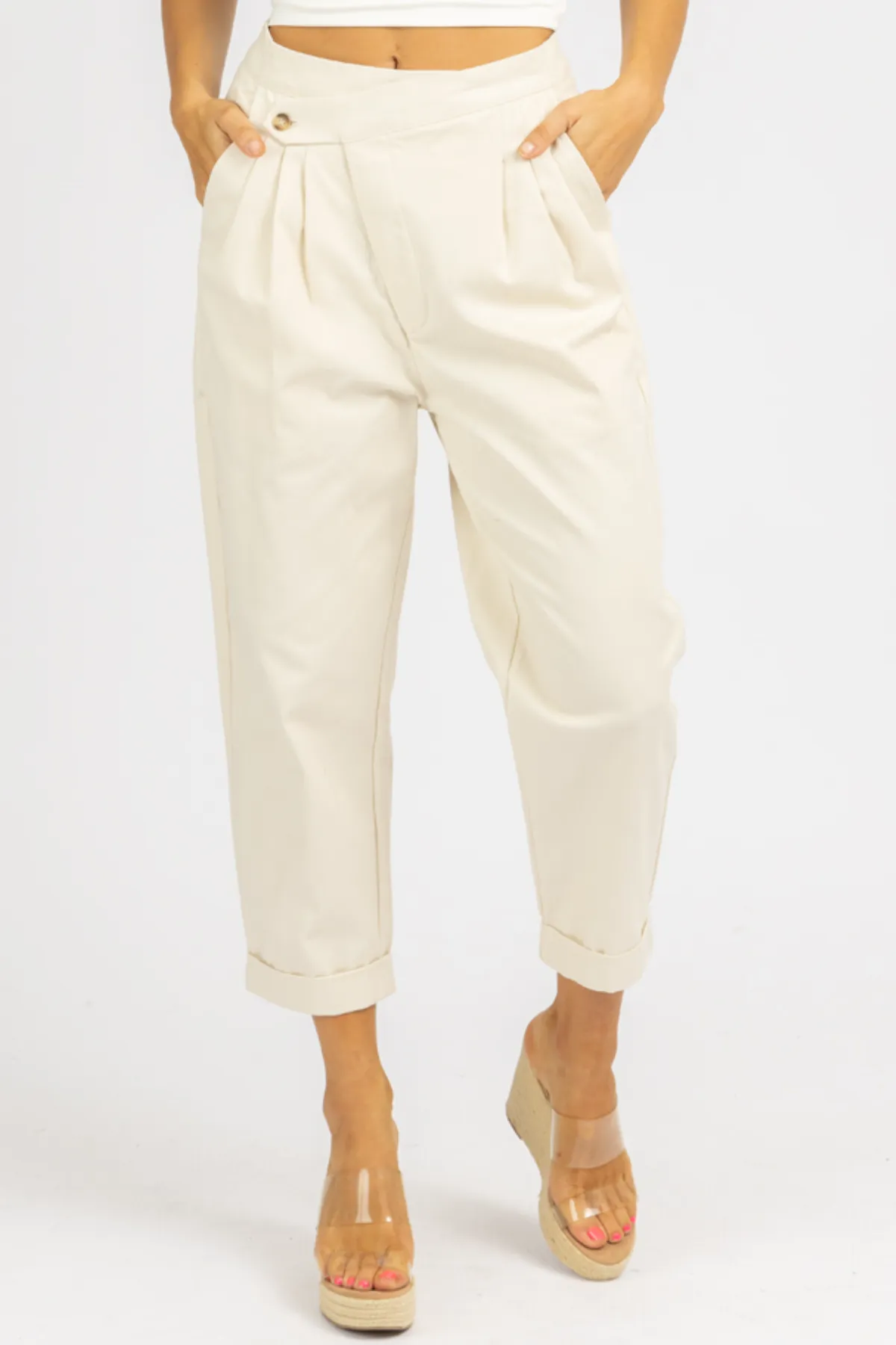 CREAM WOVEN ASYMMETRICAL BUTTON PANTS