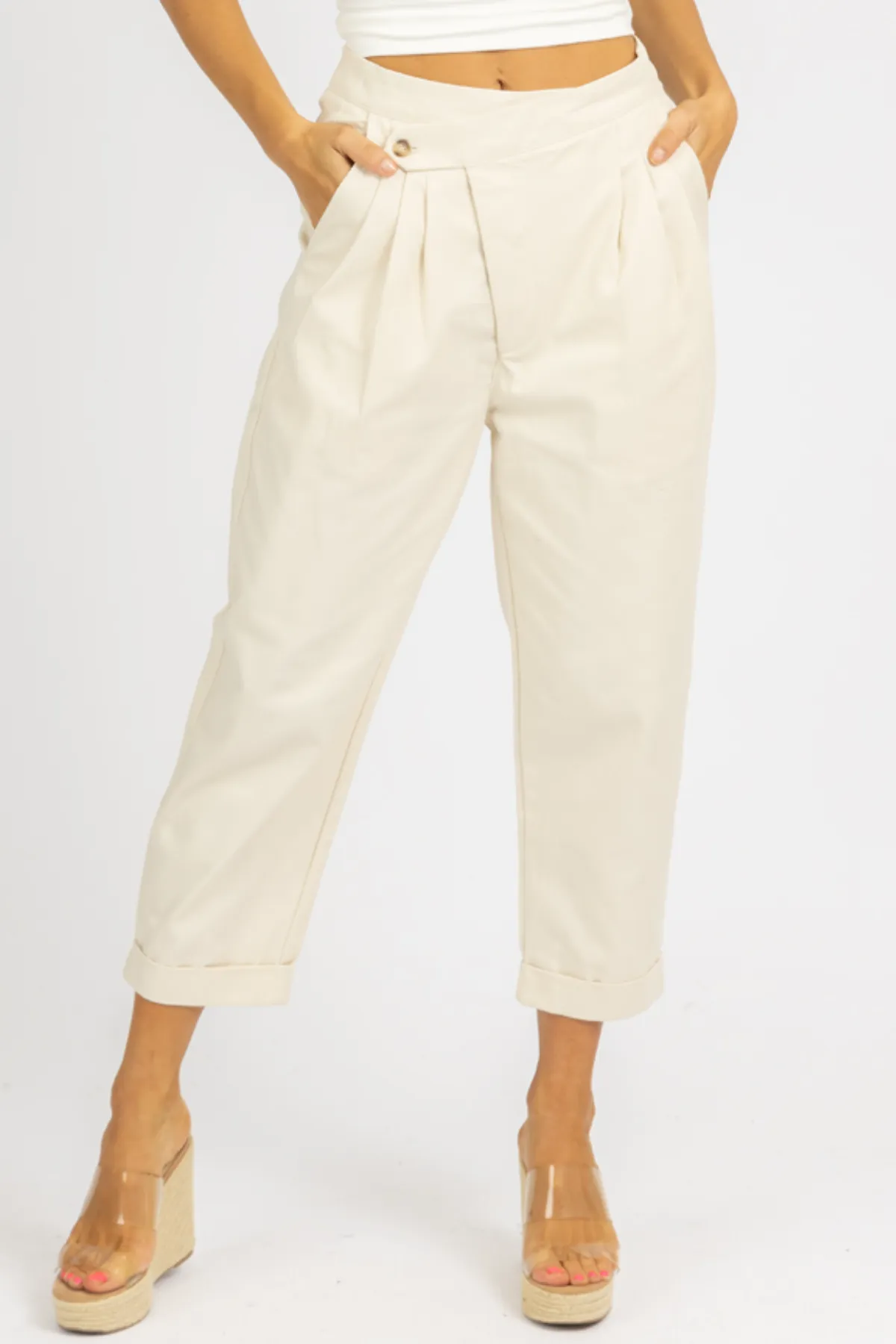 CREAM WOVEN ASYMMETRICAL BUTTON PANTS