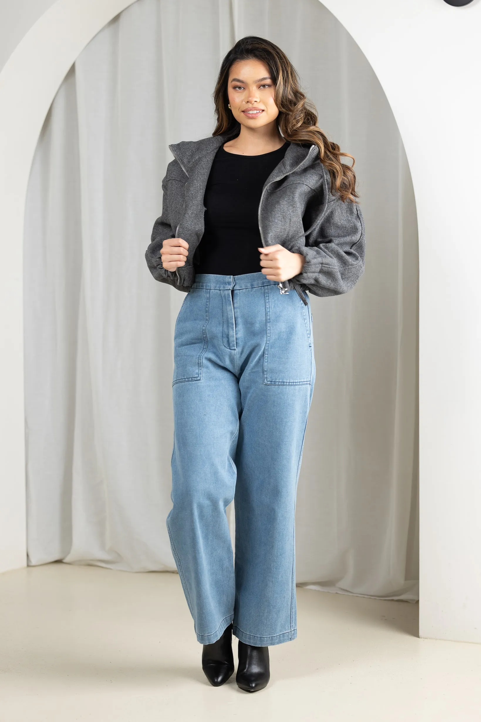 Crop Felt Bomber Jacket