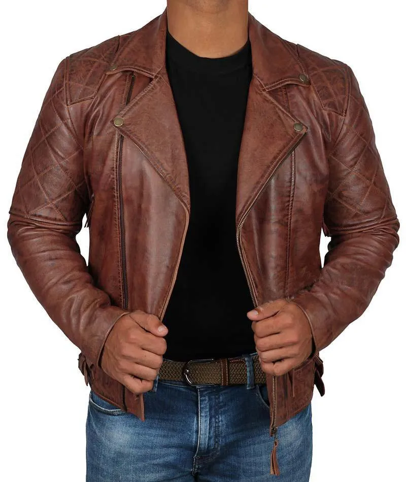 Dark Brown Quilted Asymmetrical Vintage Biker Lambskin Leather Jacket