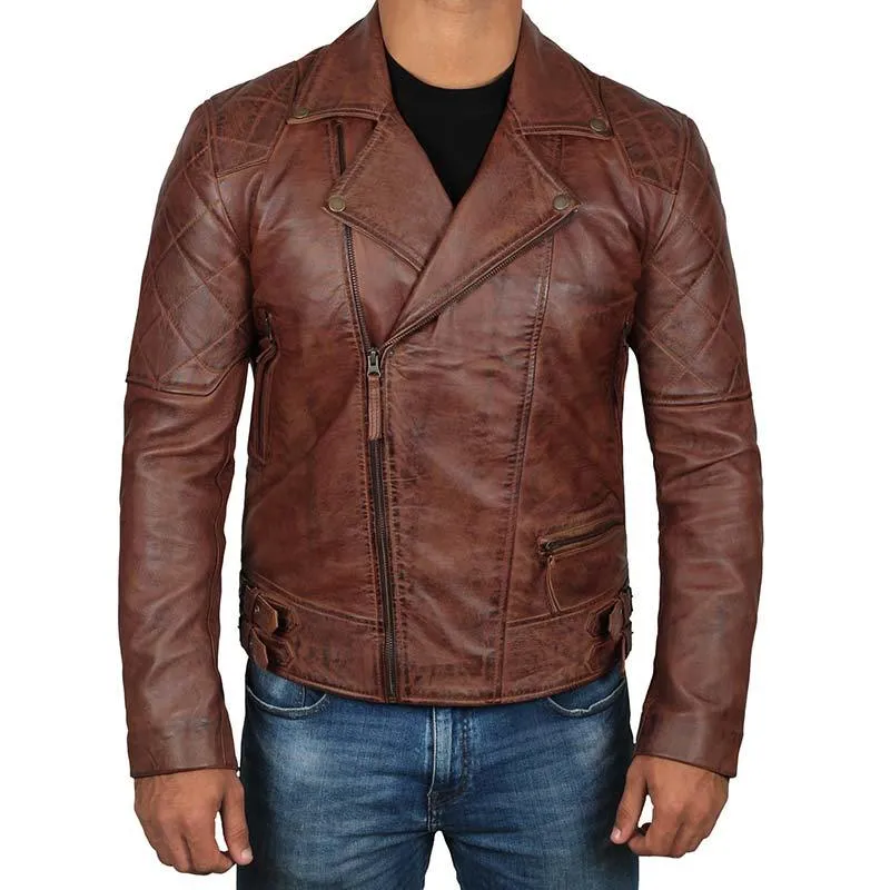 Dark Brown Quilted Asymmetrical Vintage Biker Lambskin Leather Jacket