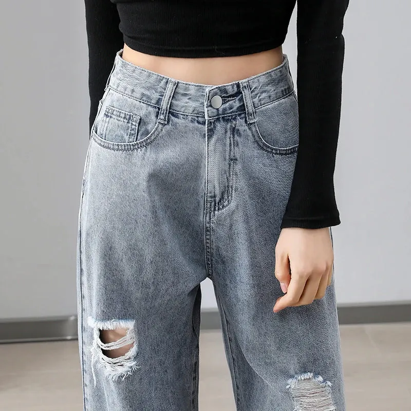 Denim Jeans Women Hole High Street Straight New Loose Wide leg Torn Hip Hop Ruined Fashion Pants