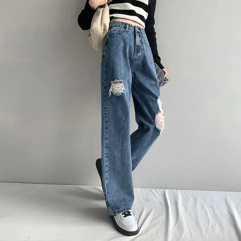 Denim Jeans Women Hole High Street Straight New Loose Wide leg Torn Hip Hop Ruined Fashion Pants