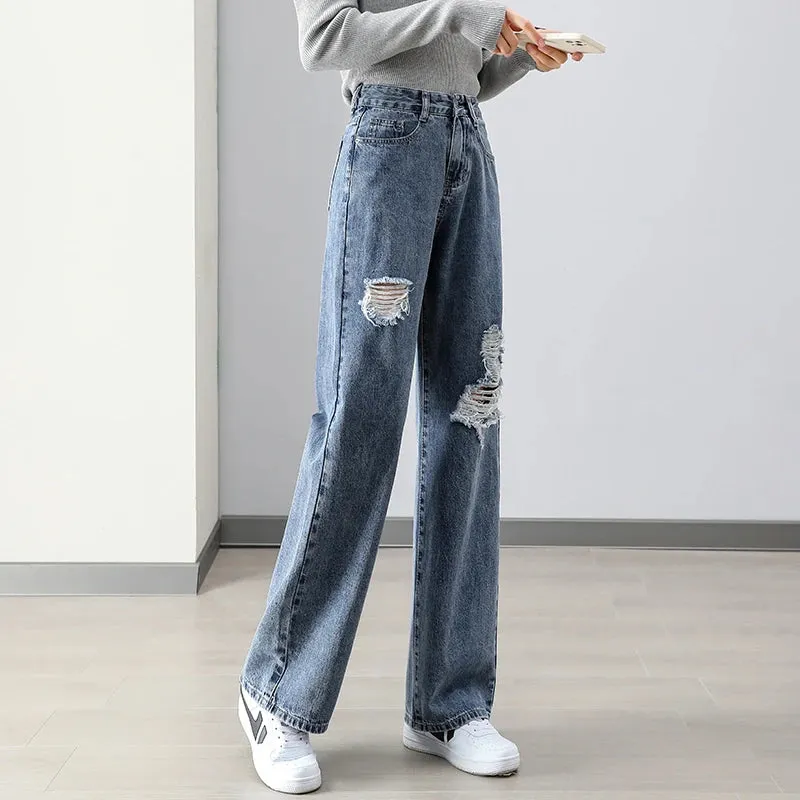 Denim Jeans Women Hole High Street Straight New Loose Wide leg Torn Hip Hop Ruined Fashion Pants