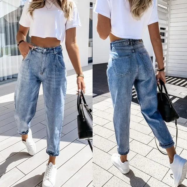 Denim Pants Women KALENMONS High Waist Washed Jeans Pocket Bleached Summer Casual Trousers 2020 Baggy Work Jean Women Vintage