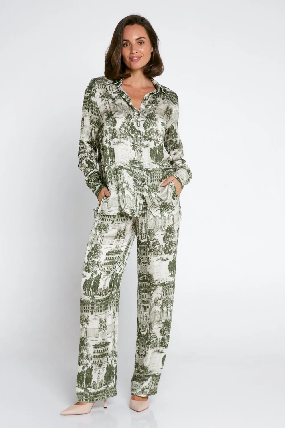 Dimitra Satin Pants - Green Print