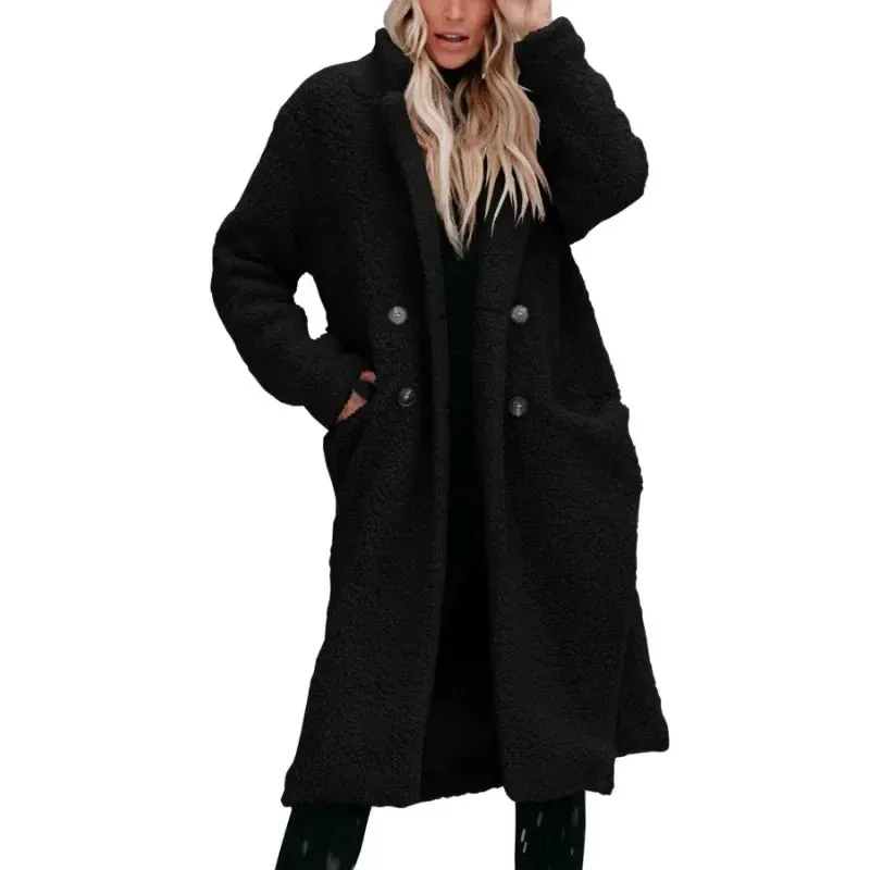 Elegant Fashion Warm Thick Fleece Long Single Breasted Pocket Winter Coats