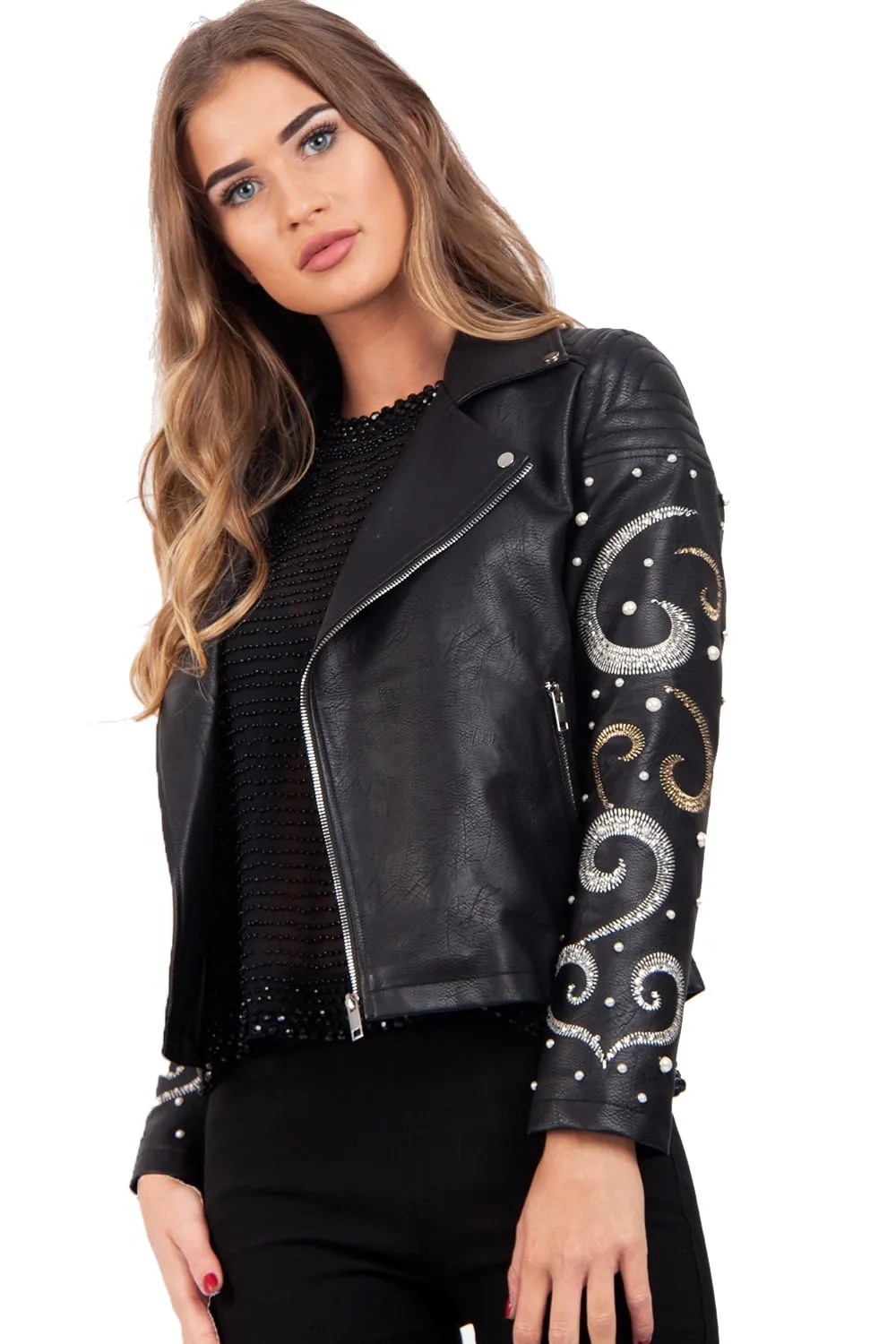 Embellished Pearl Arm Faux Leather Look Biker Jacket