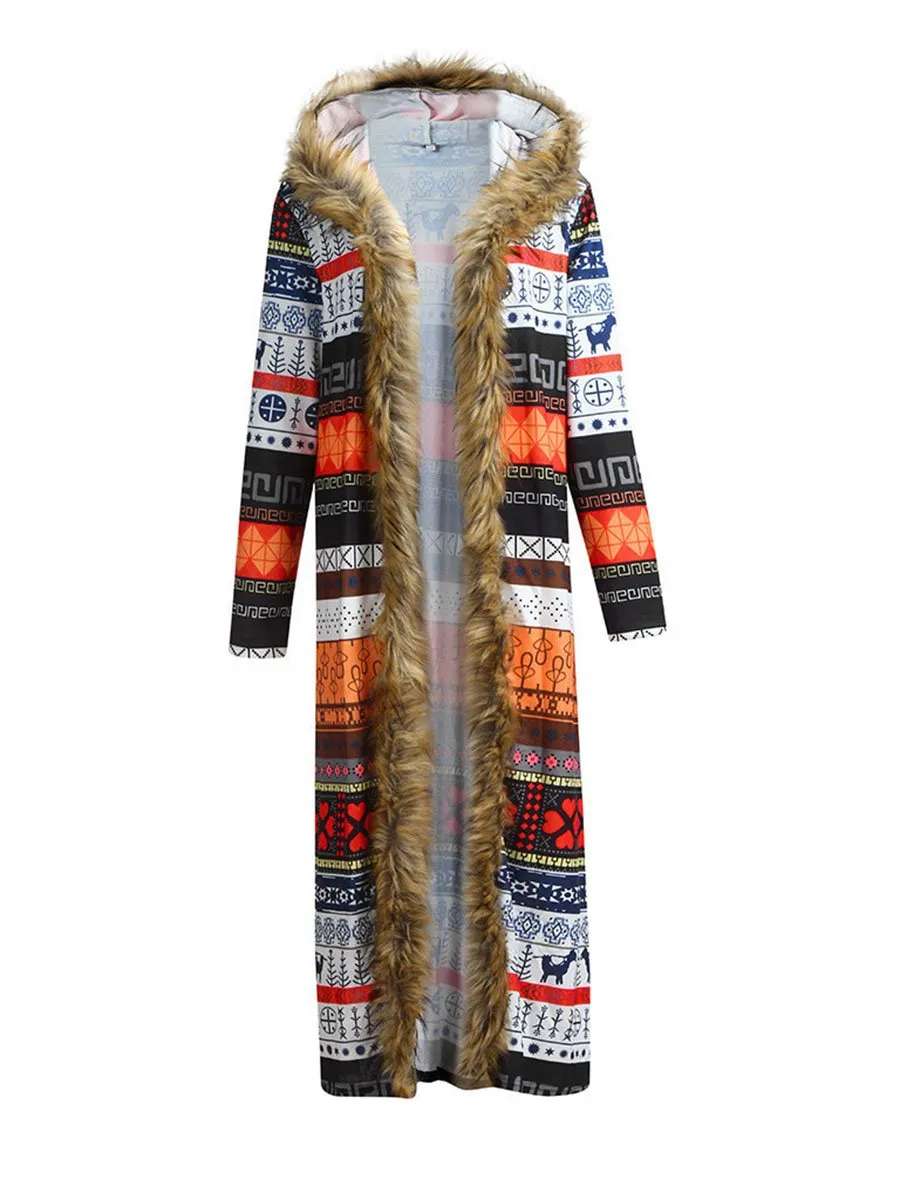 Ethnic Style Fur Collar Hooded Printed Long-Sleeved Women'S Windbreaker