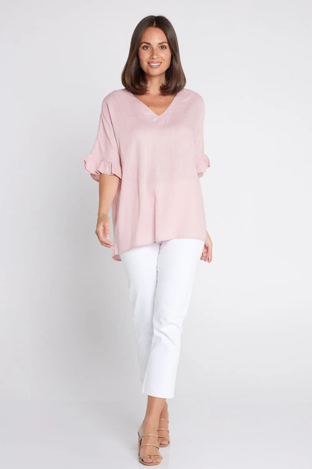 Farrah Linen V Neck Top - Blush