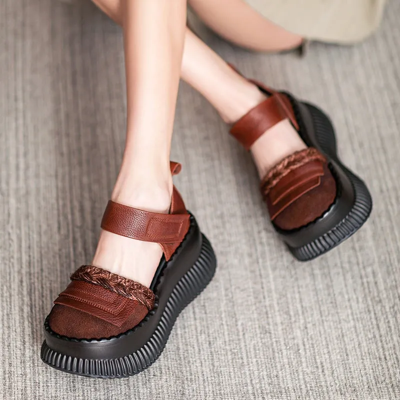 Genuine Leather 70mm Platform Cut Out Touch-strap Sandals For Women in Coffee/Black