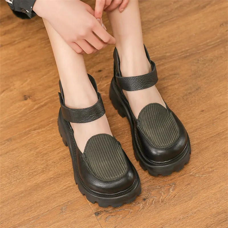 Genuine Leather Platform Cut Out Touch-strap Sandals For Women in Coffee/Black