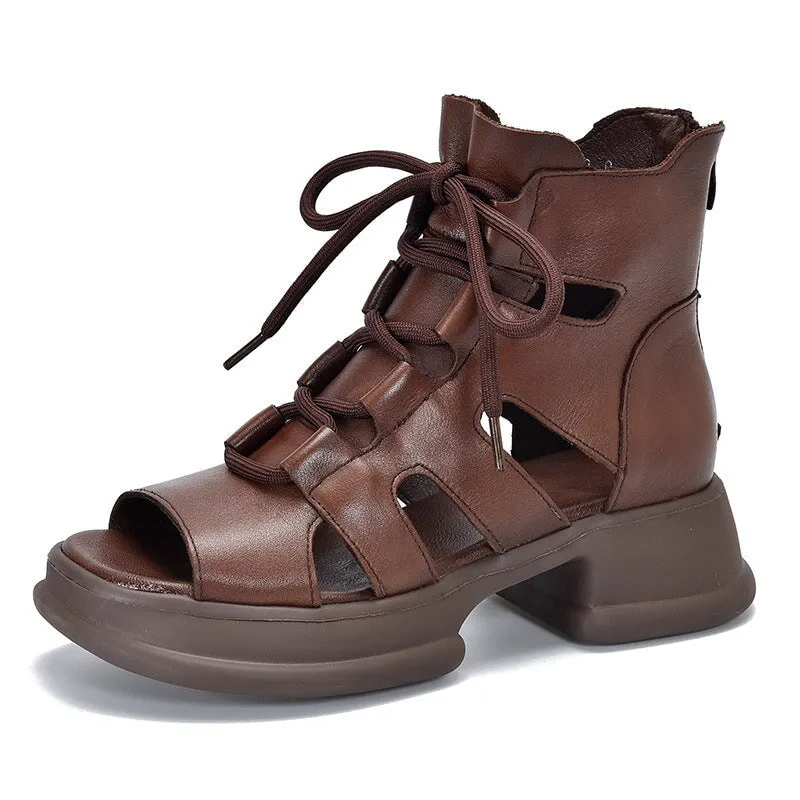 Genuine Leather Platform Sandals Lace Up Retro Peep Toe Gladiator Sandals in Brown/Black