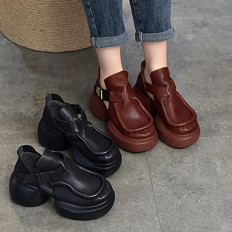 Genuine Leather Platform Sandals Side Button Retro Block Heel in Brown/Black