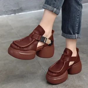 Genuine Leather Platform Sandals Side Button Retro Block Heel in Brown/Black