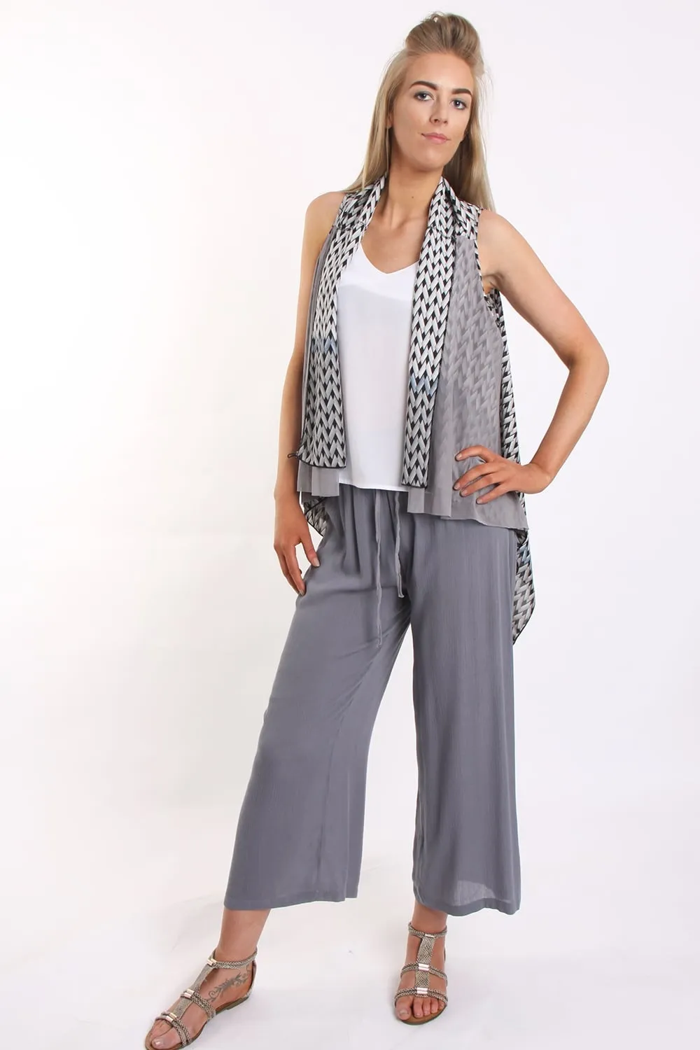 Geometric Print Waterfall Chiffon Waistcoat