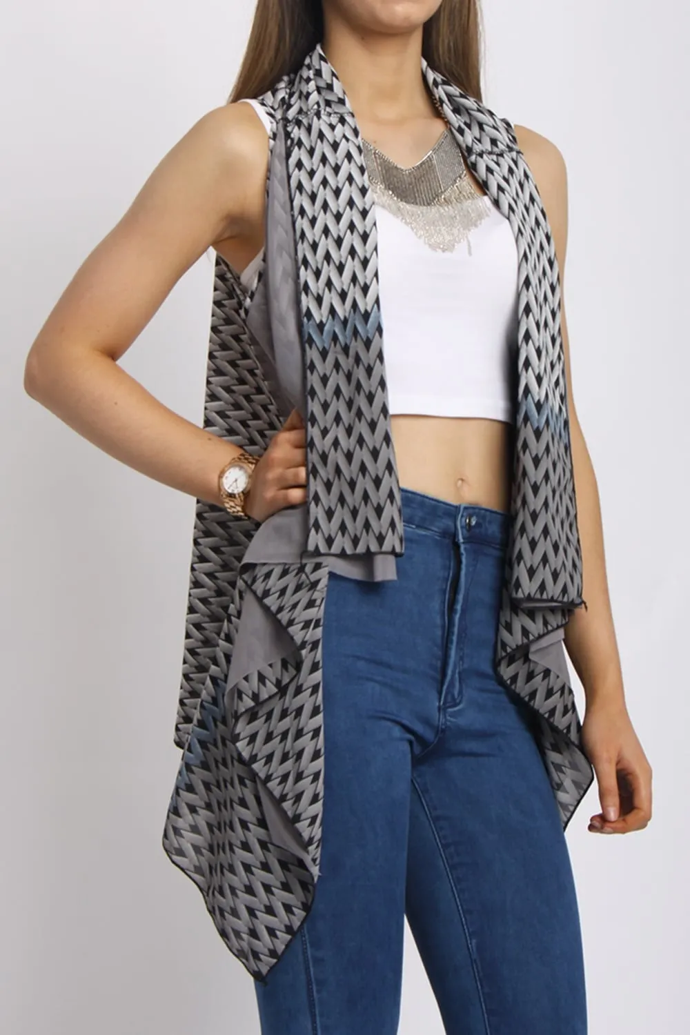 Geometric Print Waterfall Chiffon Waistcoat