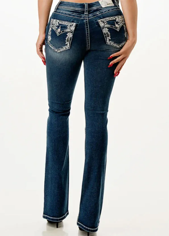 Grace in LA Border Floral Faux Flap Embroidery Bootcut Jeans