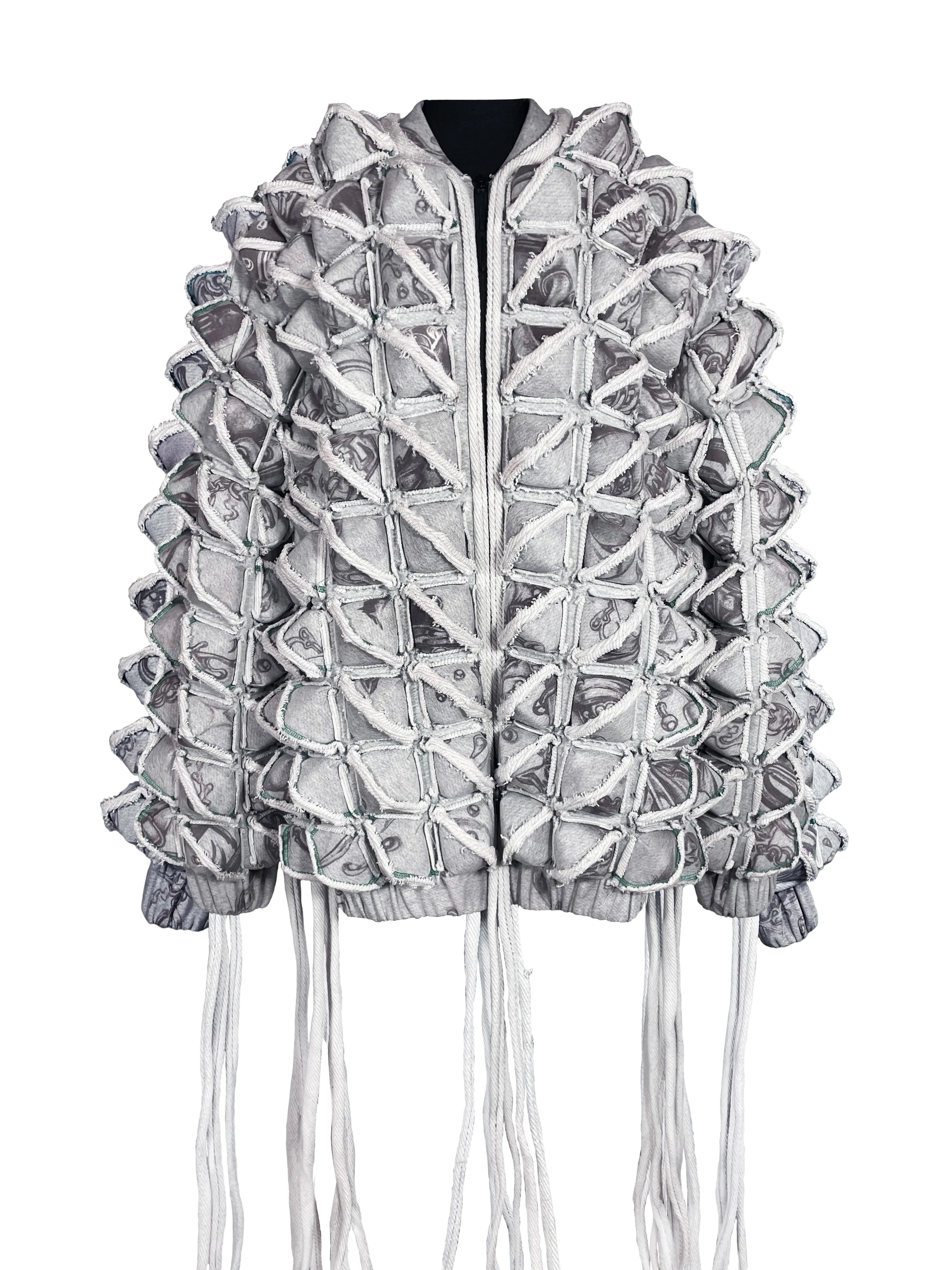 GRAPHIC SPIKED DEFENCE COAT WITH FRINGING