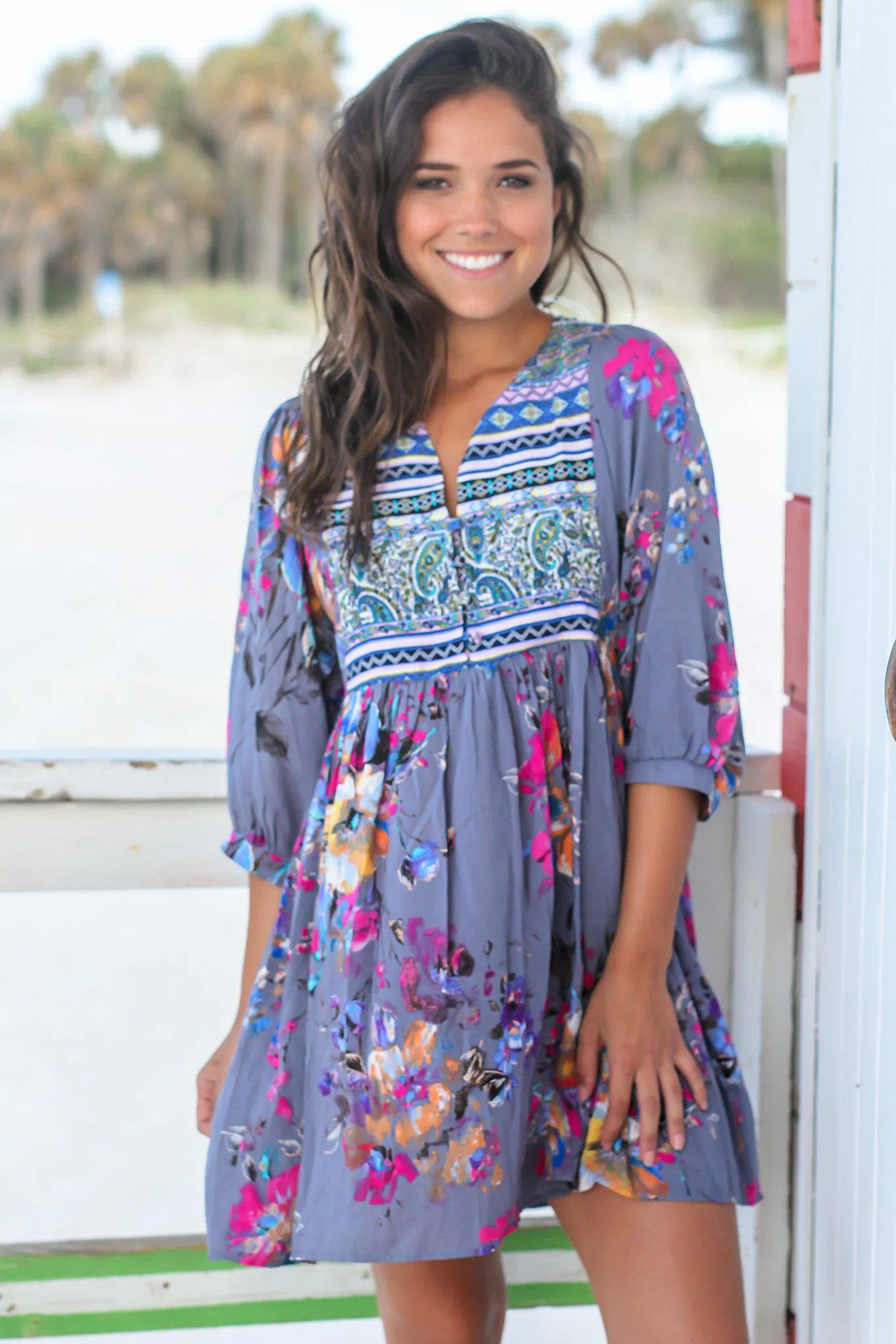 Gray Boho Floral Printed Short Dress