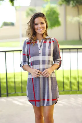 Gray Check Print Short Dress with 3/4 Sleeves