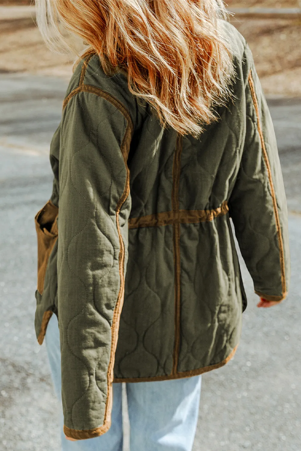 Green Drawstring Waist Quilted Jacket with Pocket