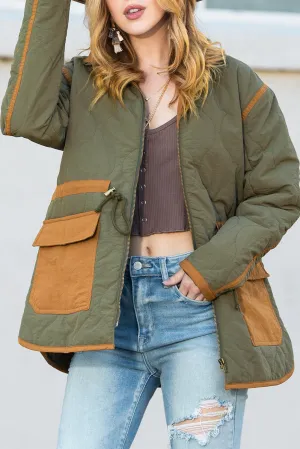 Green Drawstring Waist Quilted Jacket with Pocket