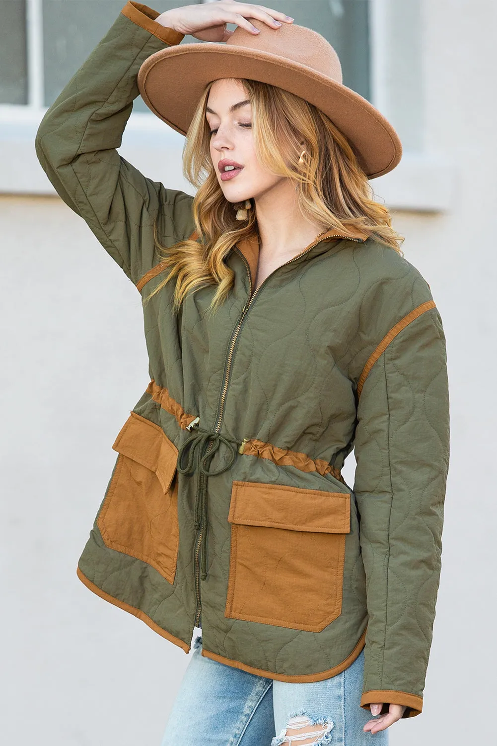 Green Drawstring Waist Quilted Jacket with Pocket