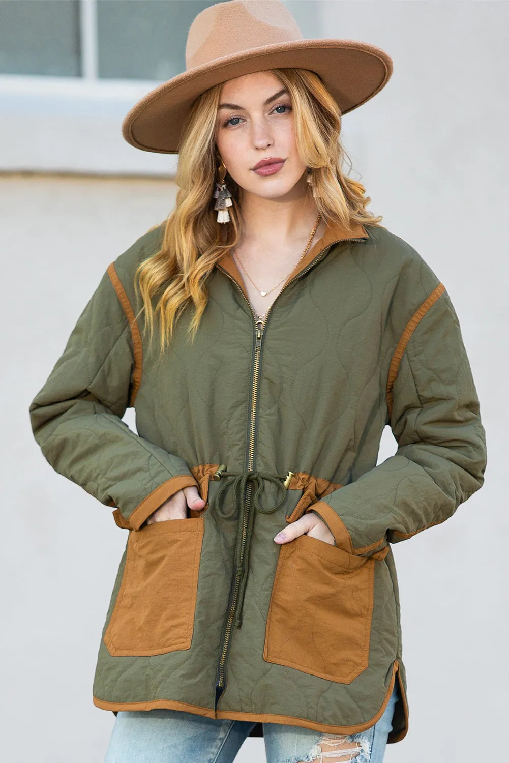 Green Drawstring Waist Quilted Jacket with Pocket