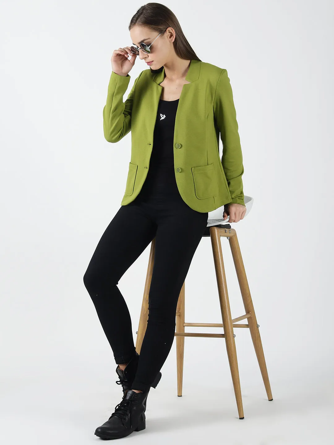 Green Full Sleeve Solid Women Jacket