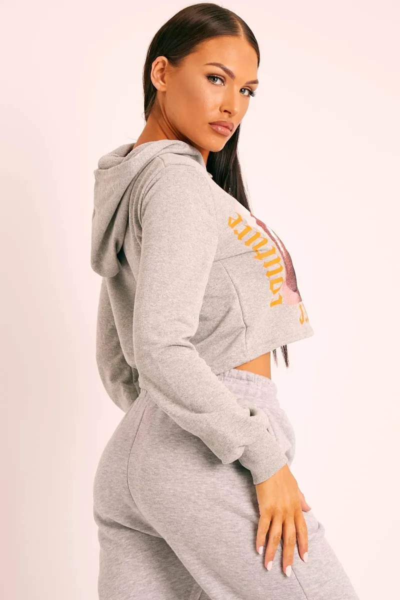 Grey Couture Graphic Cropped Hoodie - Camia