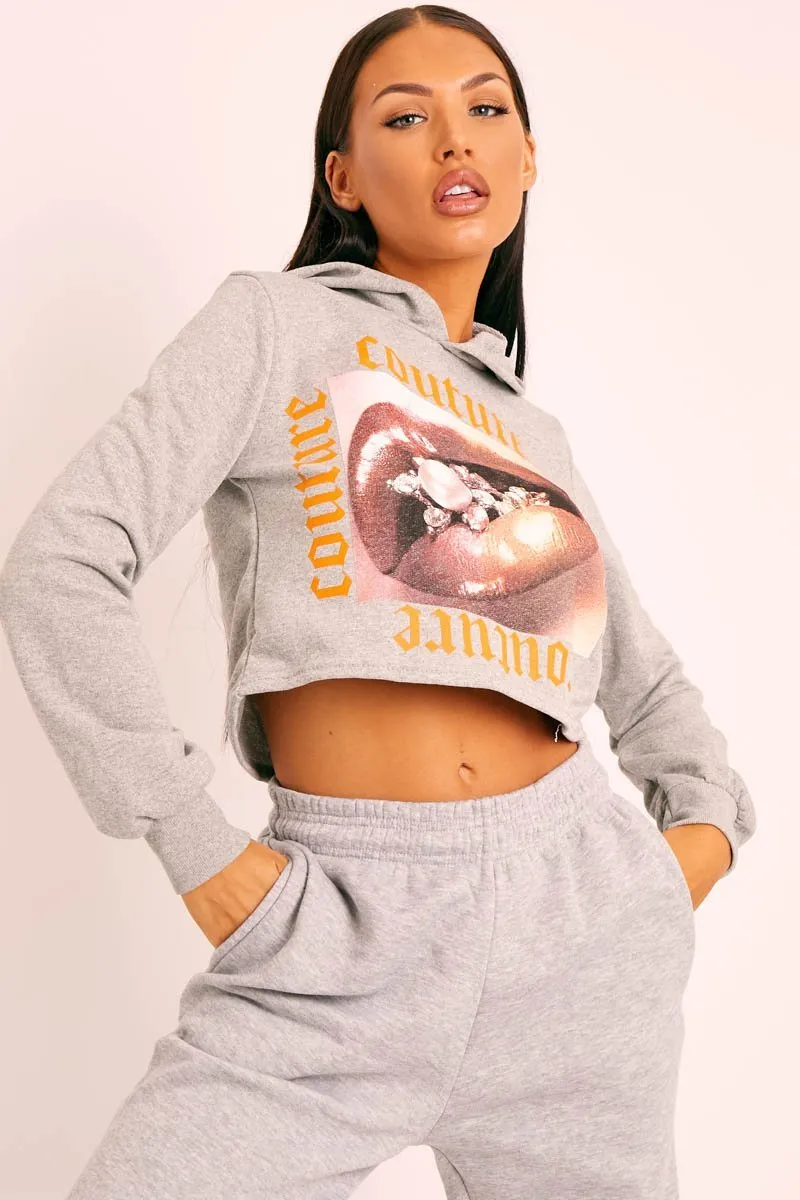 Grey Couture Graphic Cropped Hoodie - Camia