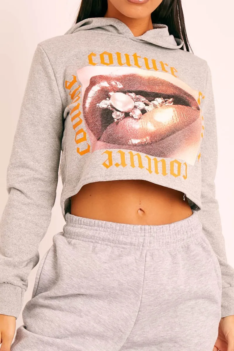 Grey Couture Graphic Cropped Hoodie - Camia