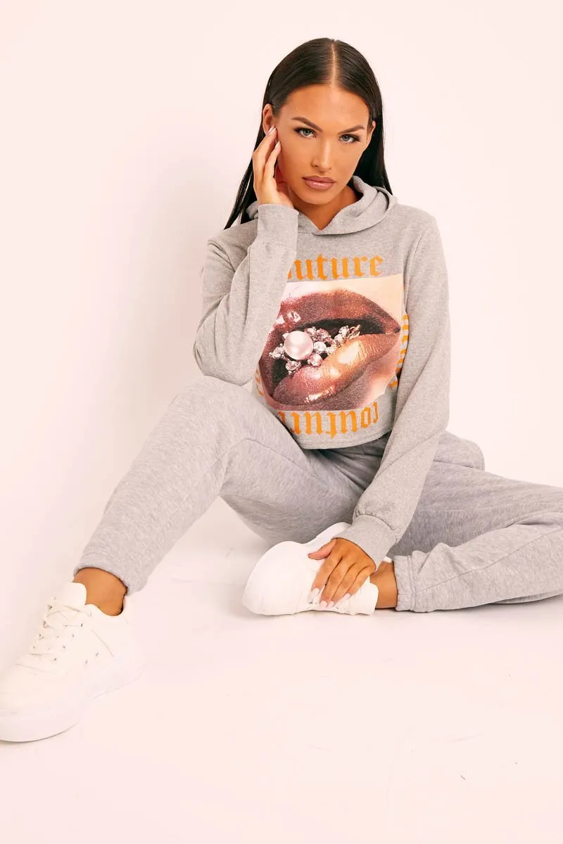 Grey Couture Graphic Cropped Hoodie - Camia