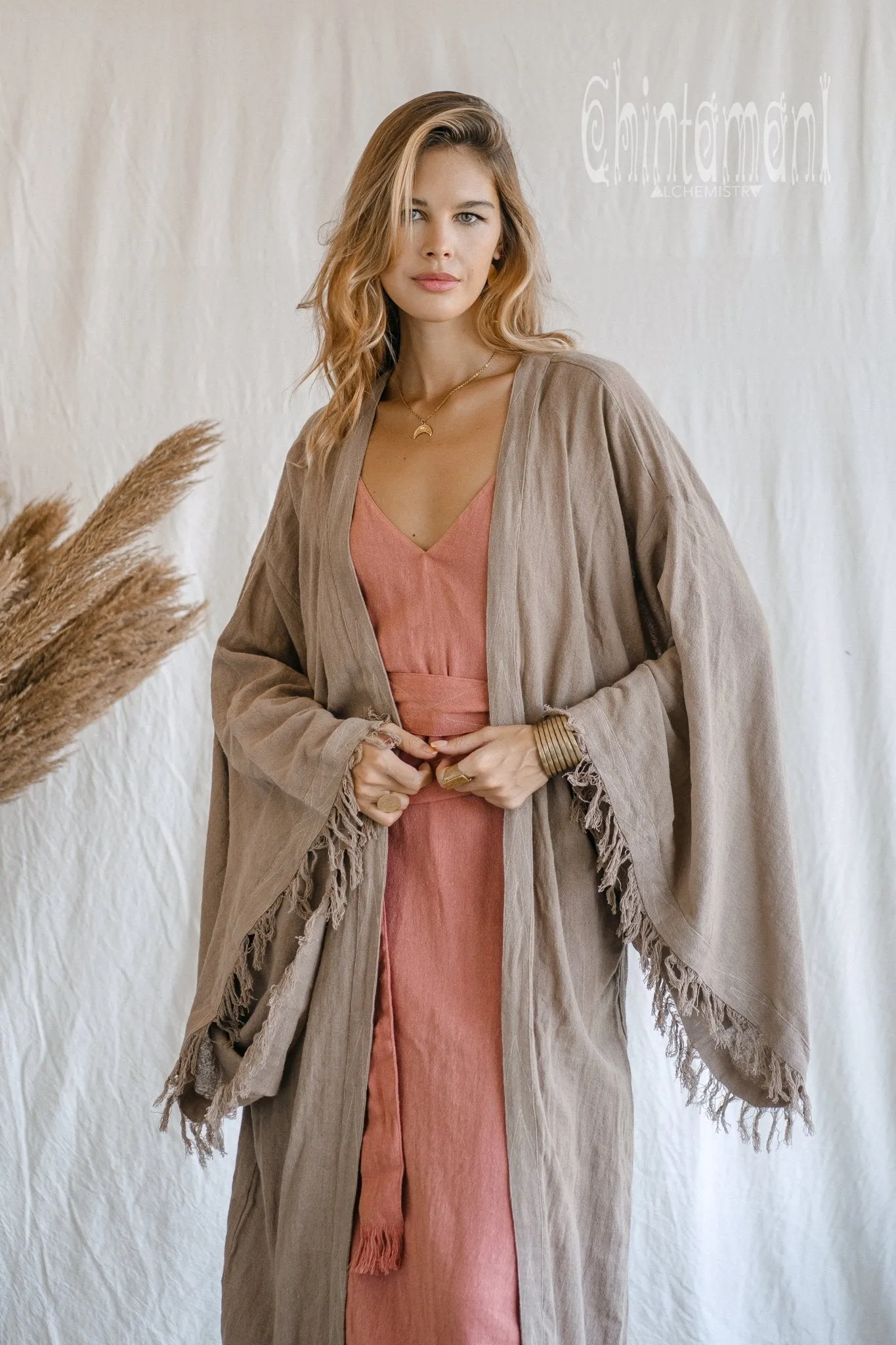 Huge Wide Sleeves Kimono Cardigan / Raw Cotton Wrap Robe / Coffee