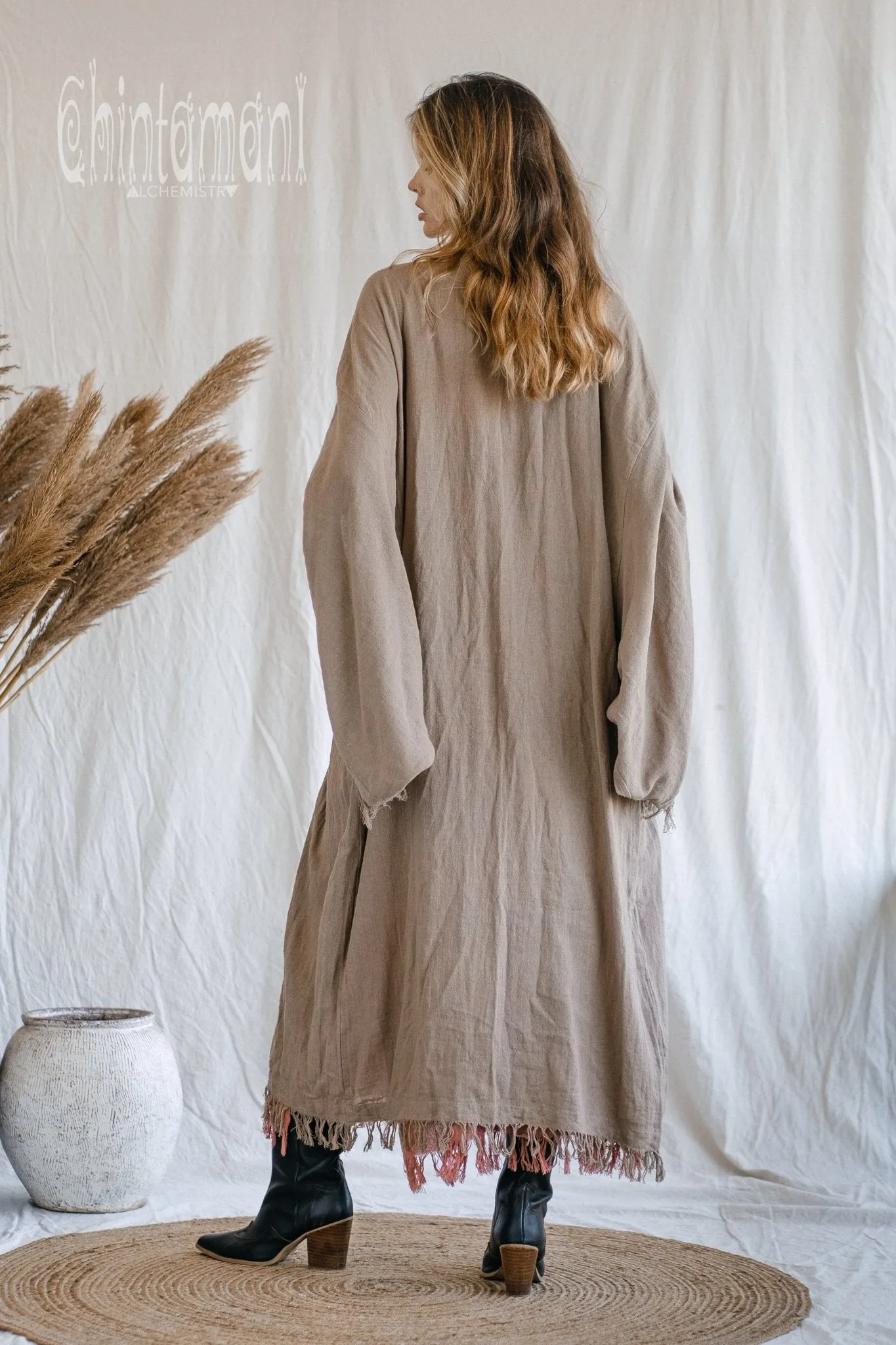 Huge Wide Sleeves Kimono Cardigan / Raw Cotton Wrap Robe / Coffee